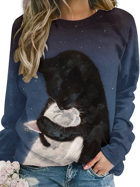 

Womens Black White Cat Casual Sweatshirt, As picture, Hoodies&Sweatshirts