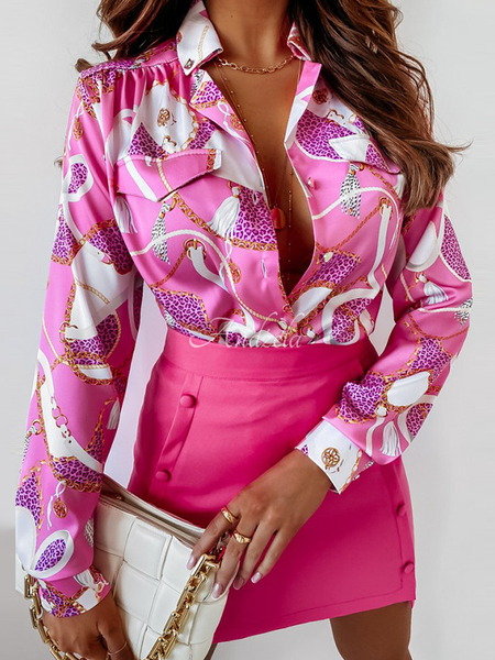 

Regular Fit Ethnic Shirt Collar Regular Fit H-Line Long sleeve Blouse, Rose red, Blouses and Shirts