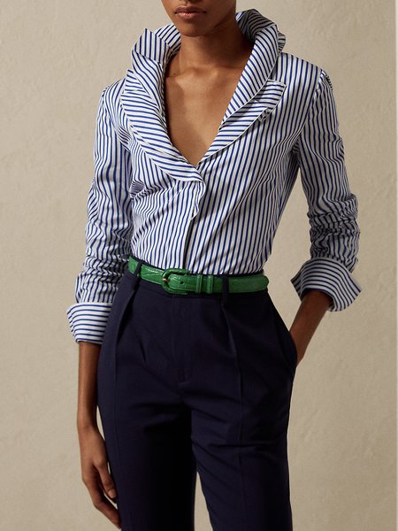 

Lotus Leaf Collar Striped Long Sleeve Elegant Blouse, Blue, Blouses and Shirts