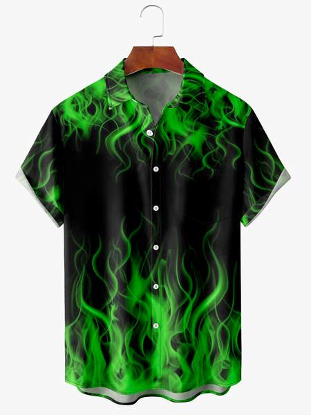 

Mens Halloween Fire Print Short Sleeve Shirt Anti-Wrinkle Moisture Wicking Hawaiian Lapel, Black, Short Sleeve Shirts