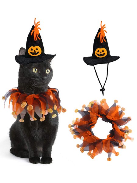 

Halloween Pet Festive Pumpkin Collar Hat Set Cat/Dog Festive Decoration, As picture, Home & Garden & Decorations