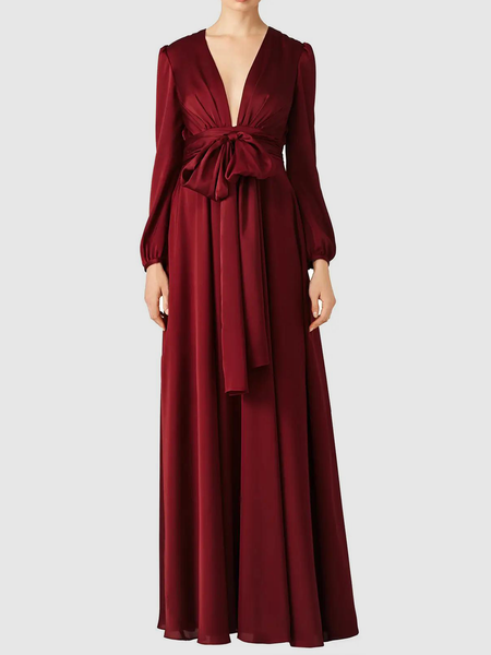 

Women Plain Autumn Elegant V neck High Waist No Elasticity Regular Fit Long sleeve Regular Dresses, Wine red, Maxi Dresses