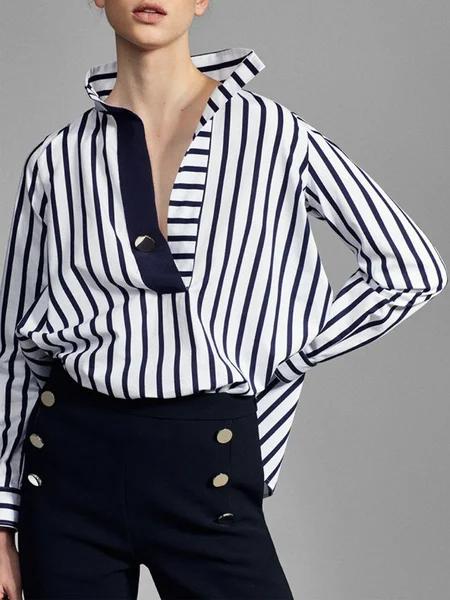 

Striped Autumn Urban No Elasticity 1 * Top Regular H-Line Regular Regular Size Blouse for Women, Blue, Blouses and Shirts