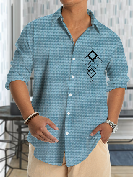 

Cotton and linen stripe style geometry leisure men long sleeve shirt, As picture, Long Sleeve Shirts