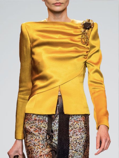 

Urban Plain Long Sleeve Regular Fit Blouse（Brooch Not Included）, Yellow, Blouses and Shirts