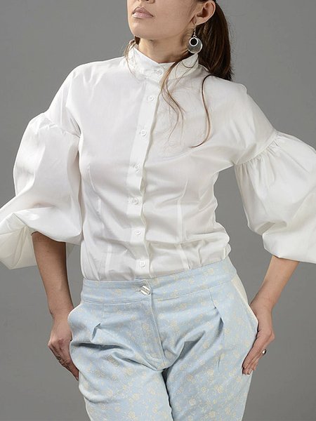 

Simple Plain Regular Fit Stand Collar Blouse, White, Blouses and Shirts
