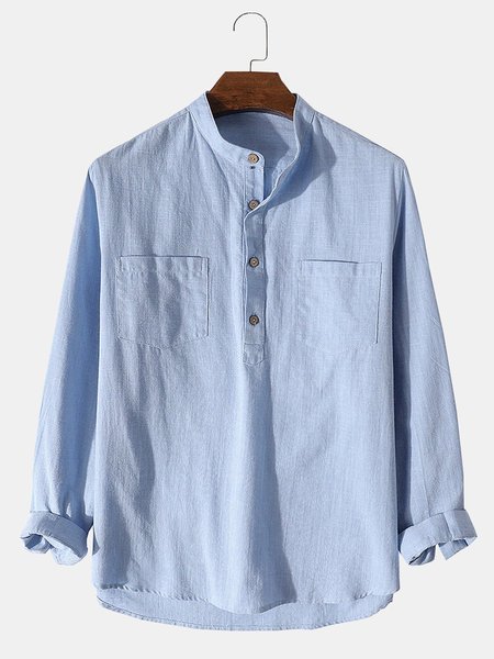 

Cotton Linen Plain Color Casual Long Sleeve Shirt, Blue, Long Sleeve Basic Shirts