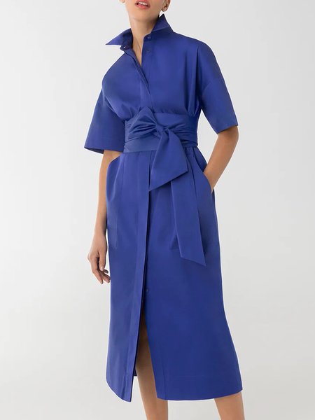 

Urban Simple Half Sleeve Pockets Plain Shirt Dress, Deep blue, Midi Dresses