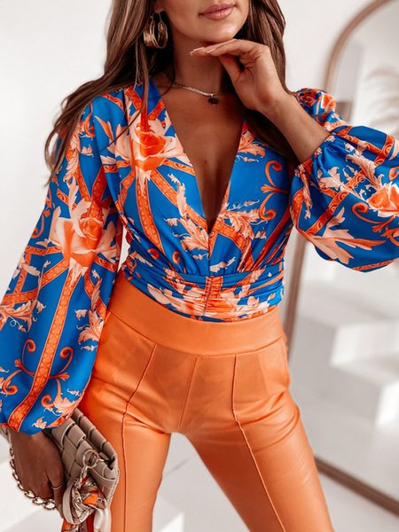 

Urban V Neck Regular Fit Floral Printed Blouse, Orange, Blouses and Shirts
