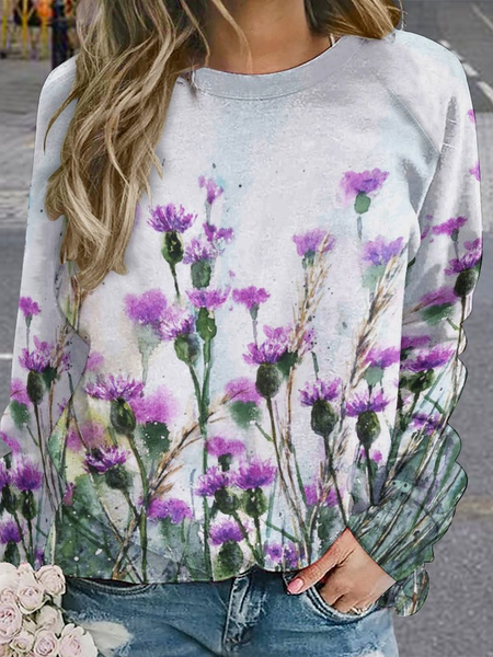 

Women Large Format Flowers Texture Pattern Raglan Sleeve Crew Neck Sweatshirt, As picture, Hoodies&Sweatshirts