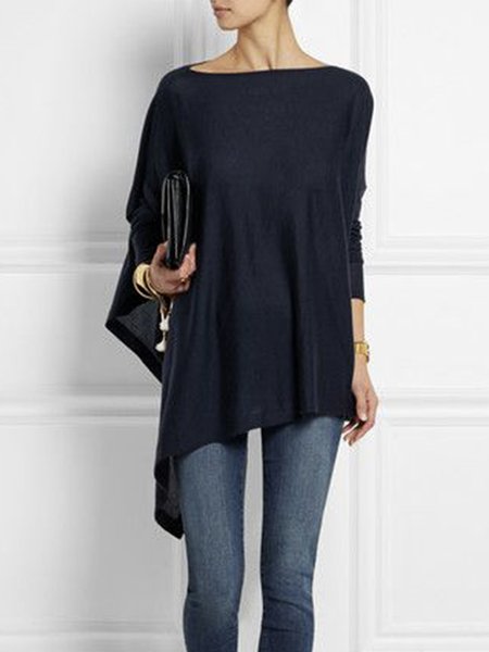 Women Plain Simple Autumn Daily Loose 1 * Top Mid-long Boat Neck H-Line Tops, Purplish blue, Tops