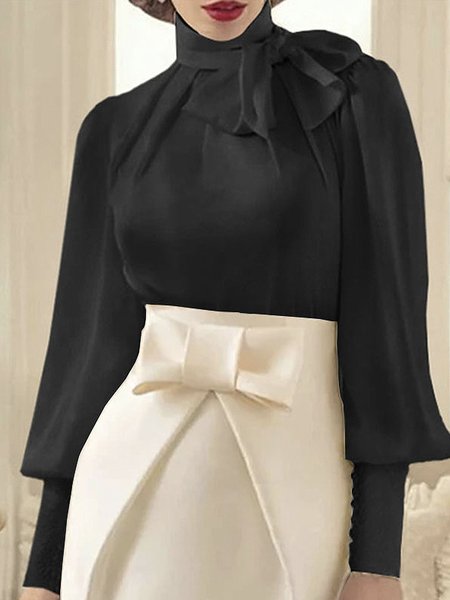 

Loosen Elegant Lantern Sleeve Plain Blouse, Black, Blouses and Shirts