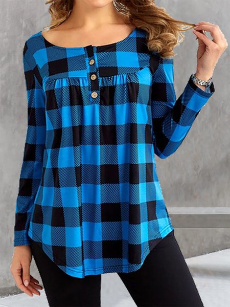 

Casual Crew Neck Plaid Top, Blue, Tops