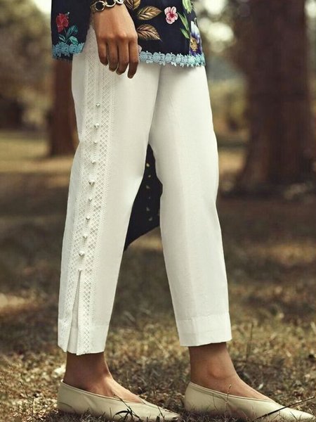 

Plain Loose Lace Casual Pants, White, Pants