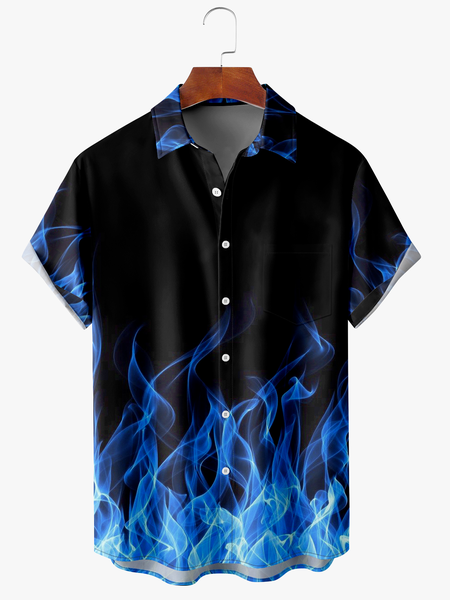 

Mens Halloween Fire Anti-Wrinkle Short Sleeve Shirt Hawaiian Novelty Lapel Chest Pocket Top, Black, Short Sleeve Shirts