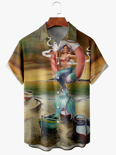 

Men's Mermaid Print Anti-Wrinkle Moisture Wicking Fabric Fashion Hawaiian Lapel Short Sleeve Shirt, Green, Men Shirts
