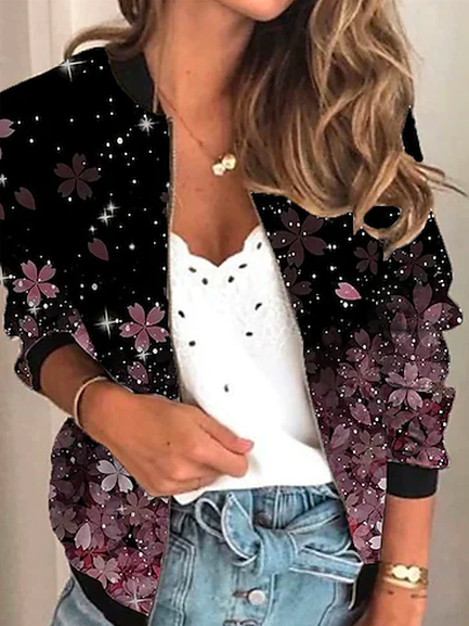 

Floral Crew Neck Casual Other Coat, Black, Coats