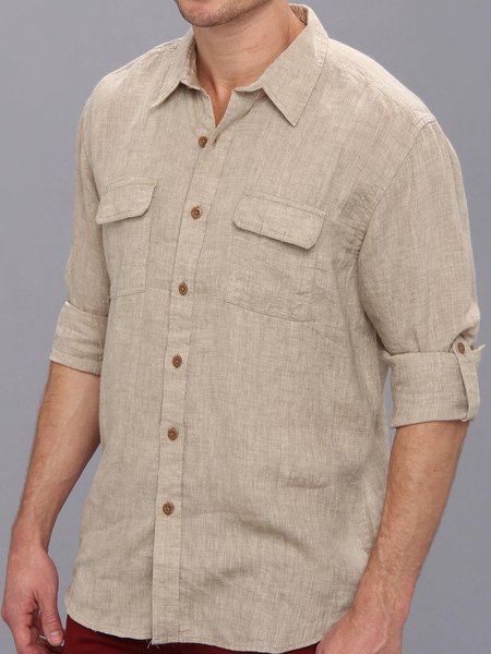 

Cotton and Linen Plain Color Workwear Long Sleeve Shirt, As picture, Long Sleeve Shirts