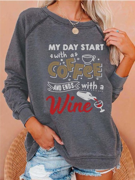 

Women My Day Coffee Wine Loose Casual Cotton Sweatshirt, Gray, Hoodies&Sweatshirts