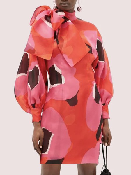 

Abstract Autumn Elegant Polyester Natural Regular Fit Turtleneck Regular Regular Size Dresses for Women, Orange red, Midi Dresses