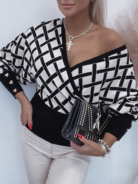

Plaid Autumn Urban Micro-Elasticity Loose Long sleeve Regular Regular Regular Size Sweater for Women, Black-white, Sweaters