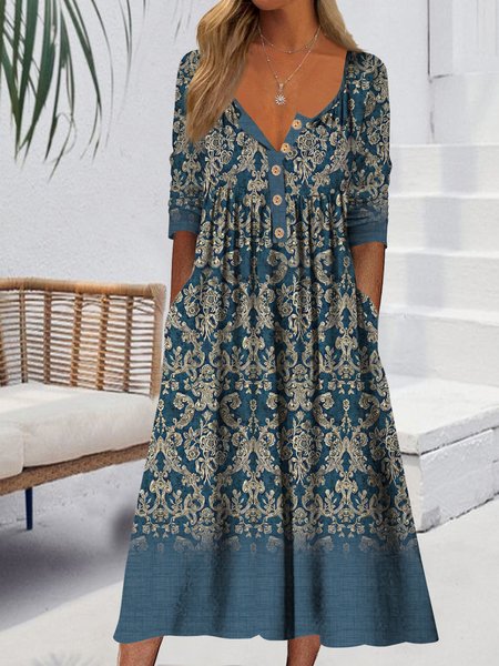 

Gradient folk custom half open button midi Dress, Blue, Dresses