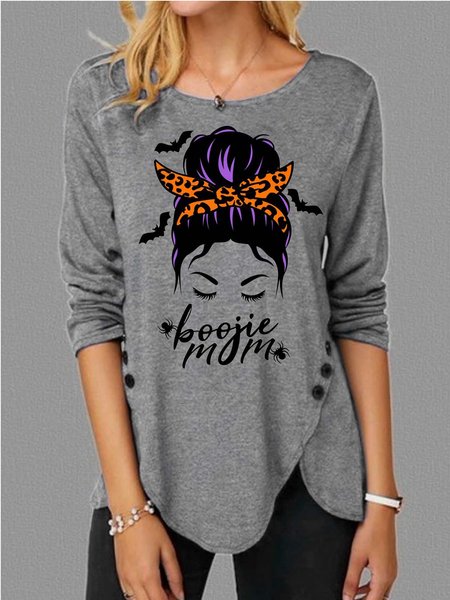 

Women Halloween Witch Bats Spider Boo Mom Loose Tops, Gray, Long sleeves