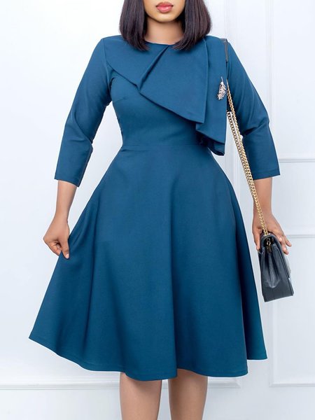 

Plain Autumn Elegant Polyester Micro-Elasticity Regular Fit Midi Long sleeve Crew Neck Dresses for Women, Blue, Midi Dresses