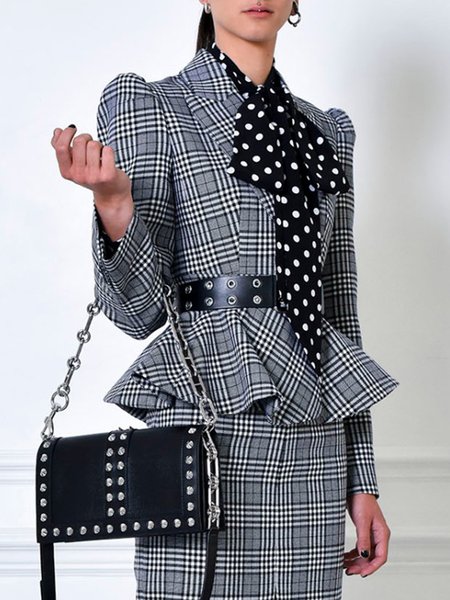

Daily Long sleeve Lapel Collar Urban Plaid Jacket, Black, Jackets