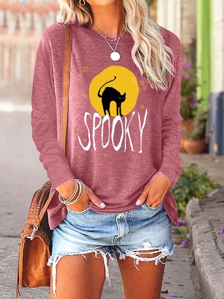 

Women Halloween Black Cat Moon Start Crew Neck Casual Tops, Pink, Long sleeves