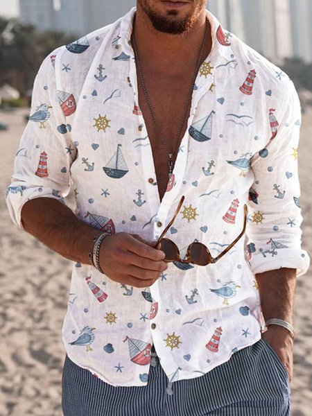 

Cotton Linen Geometric Print Casual Short Sleeve Shirt, White, Long Sleeve Shirts