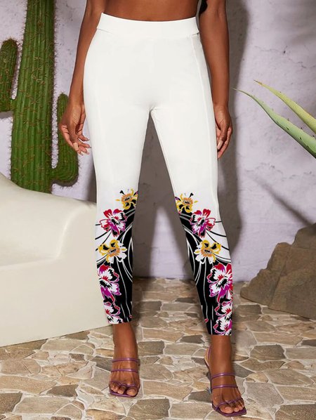 

Women Casual Floral Autumn Natural High Elasticity Tight Jersey Regular Regular Size Leggings, White, Leggings