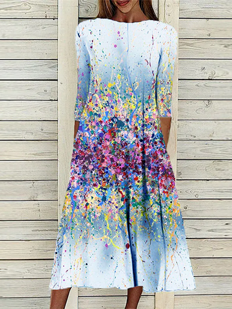 

Casual Ombre Autumn Daily Loose Three Quarter Crew Neck A-Line Regular Size Dresses for Women, Blue, Dresses