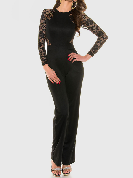 Plain Autumn Elegant Party Long sleeve Crew Neck H-Line Regular Regular Size Jumpsuit & Romper for Women, Black, Jumpsuits