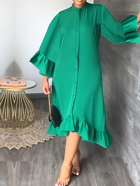 

Plain Autumn Elegant Polyester Natural Daily A-Line Regular Ruffled Skirt Dresses for Women, Green, Midi Dresses