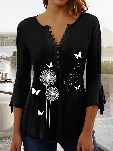 

Casual Dandelion Ruffled Sleeves Tops, Black, Shirts & Blouses