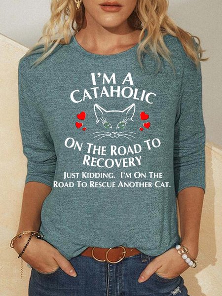 

Womens Cat Lover Letters Long Sleeve Crew Neck Top, Green, Long sleeves