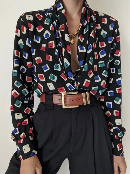 

Long Sleeve Loosen Daily Geometric Blouse, Black, Blouses and Shirts