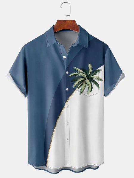 

Men's Beach Vacation Coconut Tree Print Casual Breathable Hawaiian Short Sleeve Shirt, Blue, Short Sleeve Shirts
