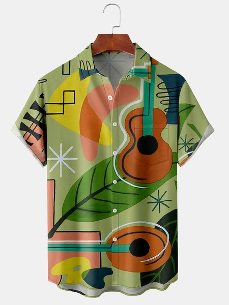 

Men's Music Print Casual Breathable Hawaiian Short Sleeve Shirt, Green, Short Sleeve Shirts