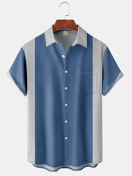 

Mens Classic Front Buttons Soft Breathable Chest Pocket Casual Bowling Shirt, Blue, Short Sleeve Shirts
