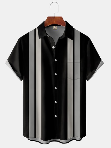 

Mens Classic Stripes Front Buttons Soft Breathable Chest Pocket Casual Bowling Shirt, Black, Short Sleeve Shirts