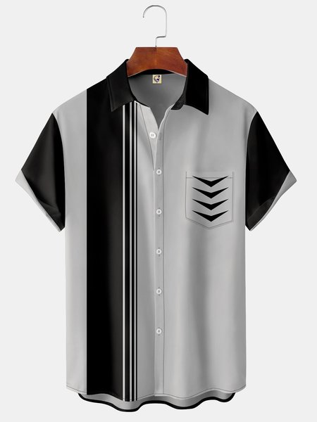 

Casual Art Collection Medieval Stripe Geometric Color Block Pattern Lapel Short Sleeve Shirt Print Top, Gray, Shirts ＆ Blouse