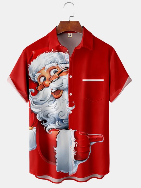 

Mens Christmas Santa Print Front Buttons Soft Breathable Chest Pocket Casual Hawaiian Shirt, Red, Short Sleeve Shirts