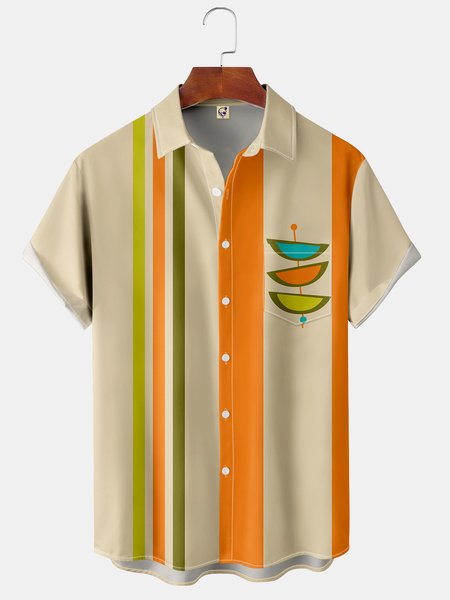 

Casual Art Collection Medieval Stripe Geometric Color Block Pattern Lapel Short Sleeve Shirt Print Top, Khaki, Shirts ＆ Blouse
