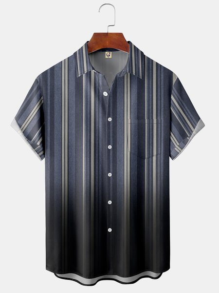 

Men's Striped Print Casual Breathable Hawaiian Short Sleeve Shirt, Blue, Short Sleeve Shirts