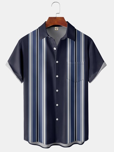 

Men's Striped Print Casual Breathable Hawaiian Short Sleeve Shirt, Blue, Short Sleeve Shirts