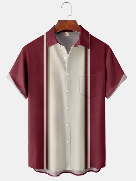 

Mens Classic Front Buttons Soft Breathable Chest Pocket Casual Bowling Shirt, Red, Short Sleeve Shirts