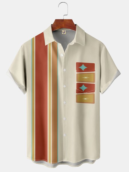 

Casual Art Collection Medieval Stripe Geometric Color Block Pattern Lapel Short Sleeve Shirt Print Top, Light khaki, Shirts ＆ Blouse