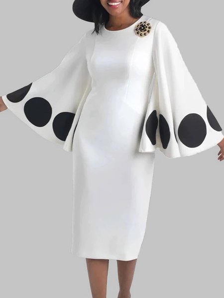 

Elegant Flare Sleeve Crew Neck Polka Dots Dress, White, Midi Dresses